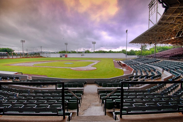 View of Engel Stadium Baseball Field from Stands Behind Home Plate